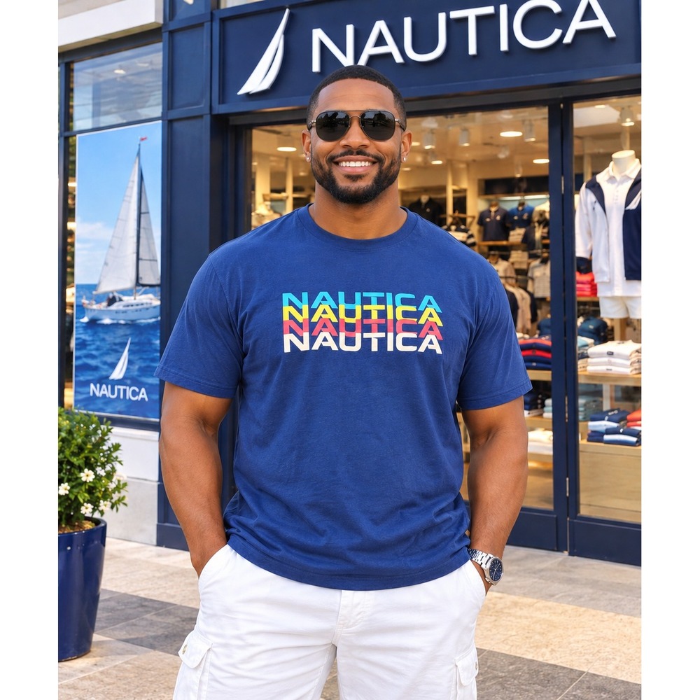 Nautica Mens 5XL Estate Blue Stacked Logo Graphic Cotton T-Shirt QY0258 NWT